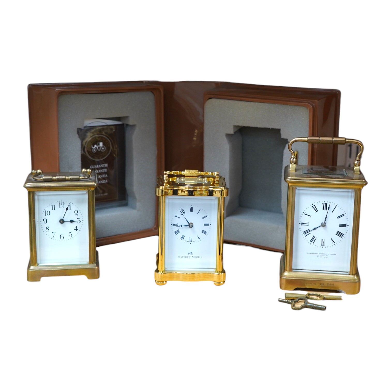 Three brass carriage timepieces (one a.f.), tallest 12.5cm. Condition - fair to good, one missing balance platform.